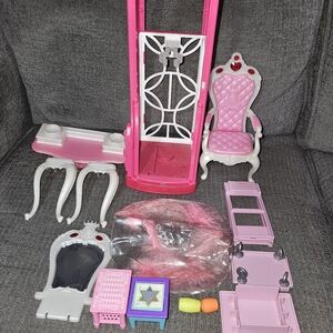 Barbie Doll Sized Pink and White Doll Furniture Lot